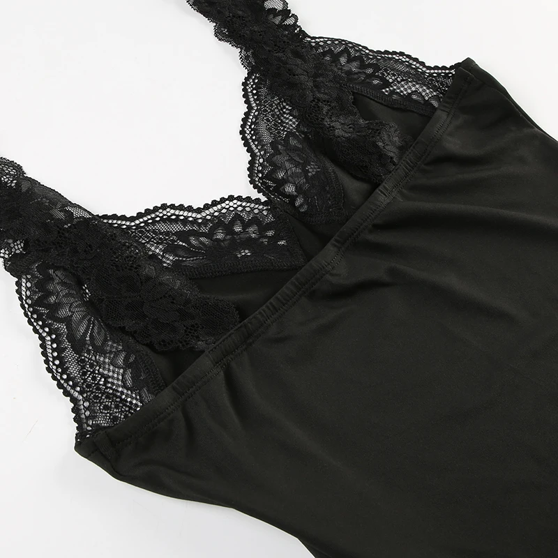 Black Backless Sleeveless V Neck Skinny Sexy Tank Bodysuit Women Lace Patchwork Elegant Rave Bodys Camisole