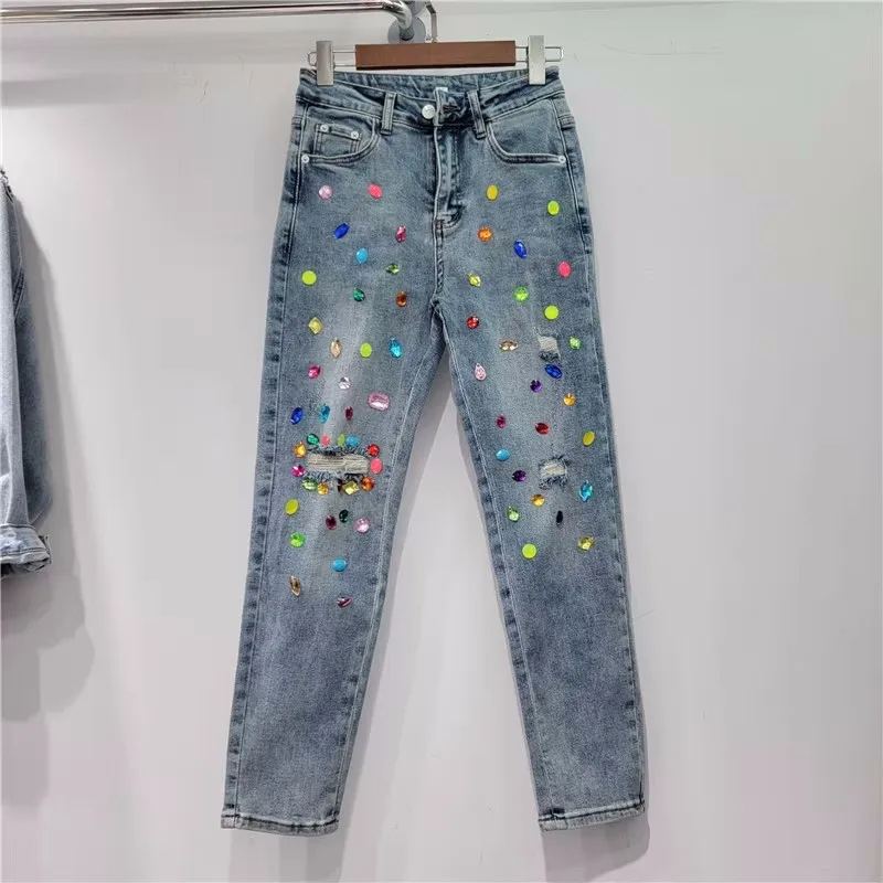 

Spring High Waist Diamond Colorful Jeans Women Straight Loose Denim Trousers Studded Jeans