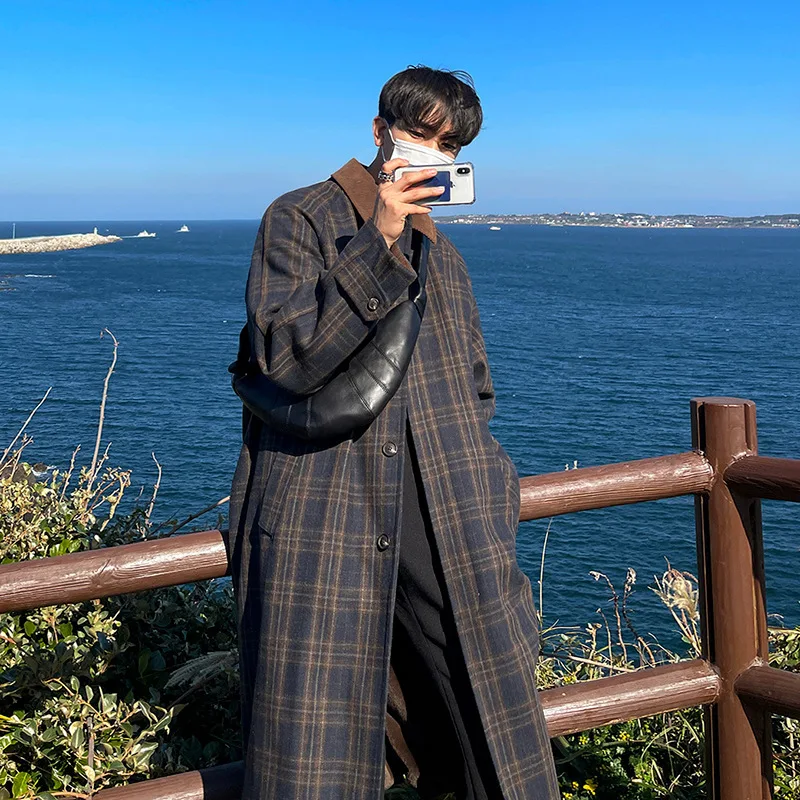 Japanese Plaid Fur Coat Men's Mid Length Autumn and Winter Trend Korean Trench Coat Loose Casual Coat