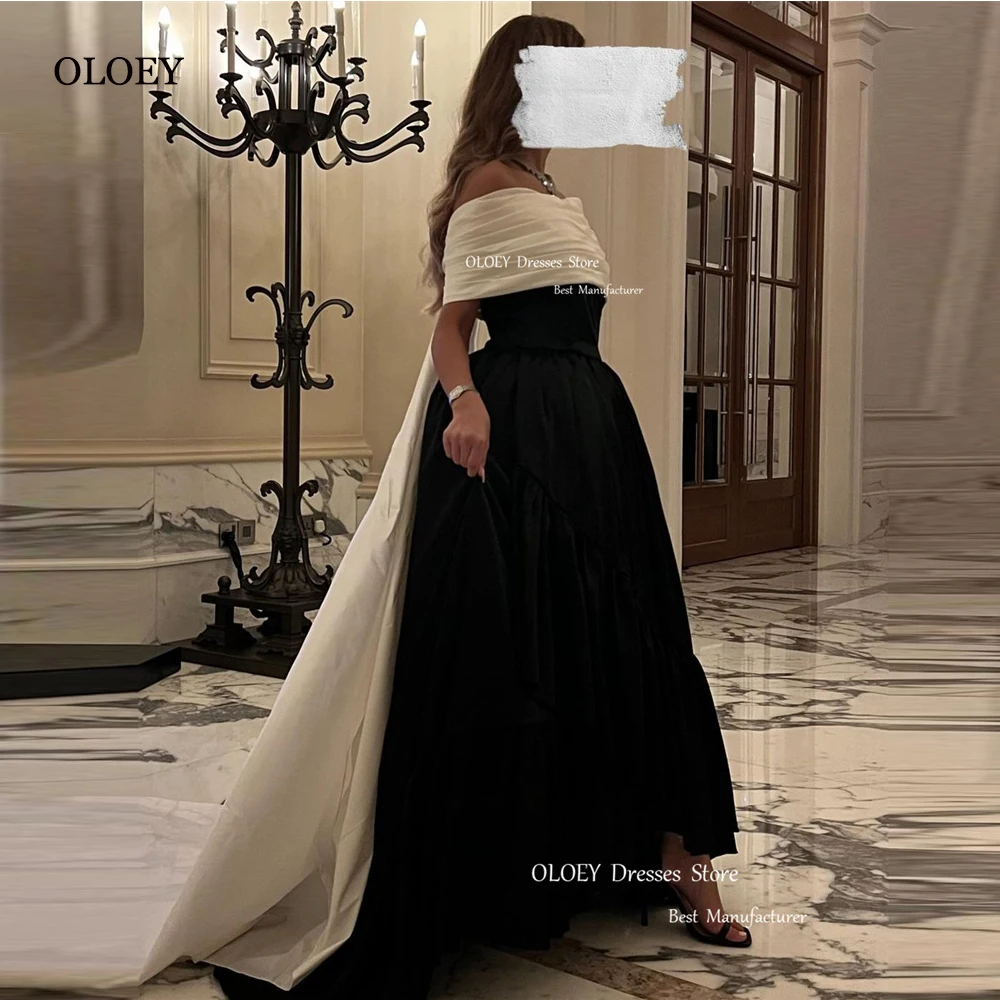 

OLOEY Saudi Arabic Ivory And Black Taffeta Evening Dresses Off the Shoulder Dubai Women Simple Prom Gowns Formal Party Dress