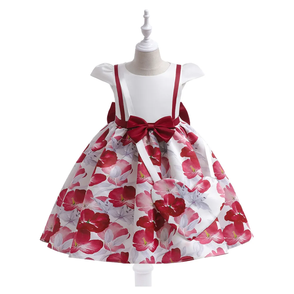 

Cap Sleeves Floral Printed Wedding Party Dresses Kids Princess Christmas New Year Dress with Bow Children Ballgown Clothing