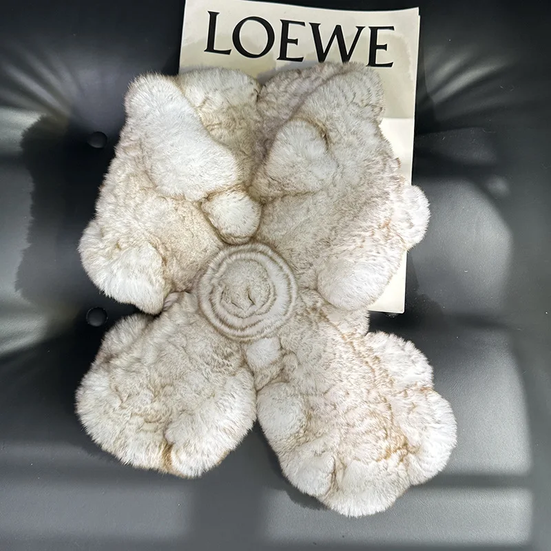 Doppelseitig gestrickter echter Rex-Kaninchenfell-Schal für Damen, handgefertigt, gerüscht, für den Winter, warm, modisch, flauschiger Wickel – Detail 15