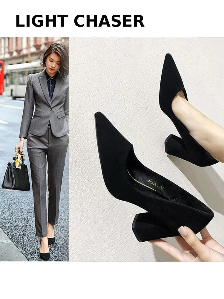 Spring Autumn New Pointed Toe Shallow Mouth Suede Single Shoes Thick Heel Women's High Heels Mid-heel All-match Work Shoes Women