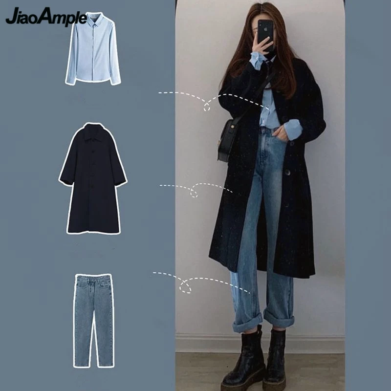 Autumn Winter Women Woolen Overcoats Blue Shirt Denim Pants 1 or 3 Piece Set Korean Lady Loose Jacket Blouse Jeans Outfits 2023