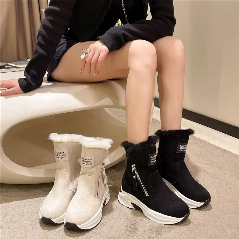 Hot Sales 2023 Winter New Round Head with Fleece Warm Side Zipper Low Cylinder Flat Casual Student Women's Snow Boots