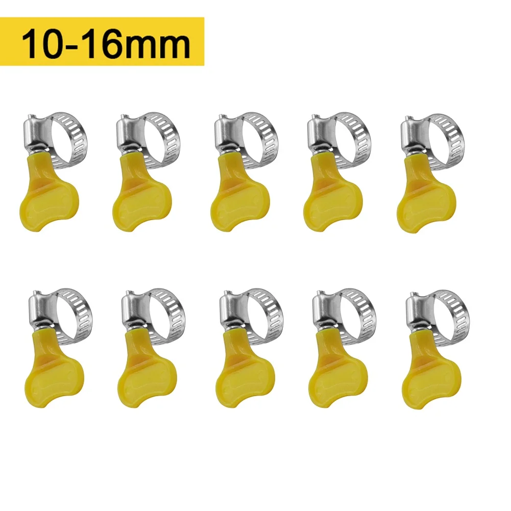 

10Pcs Adjustable HandTwist Hose Clamps Worm Driving Yellow Plastic Handle 201 Stainless Steel Pipe Clips 10-38mm