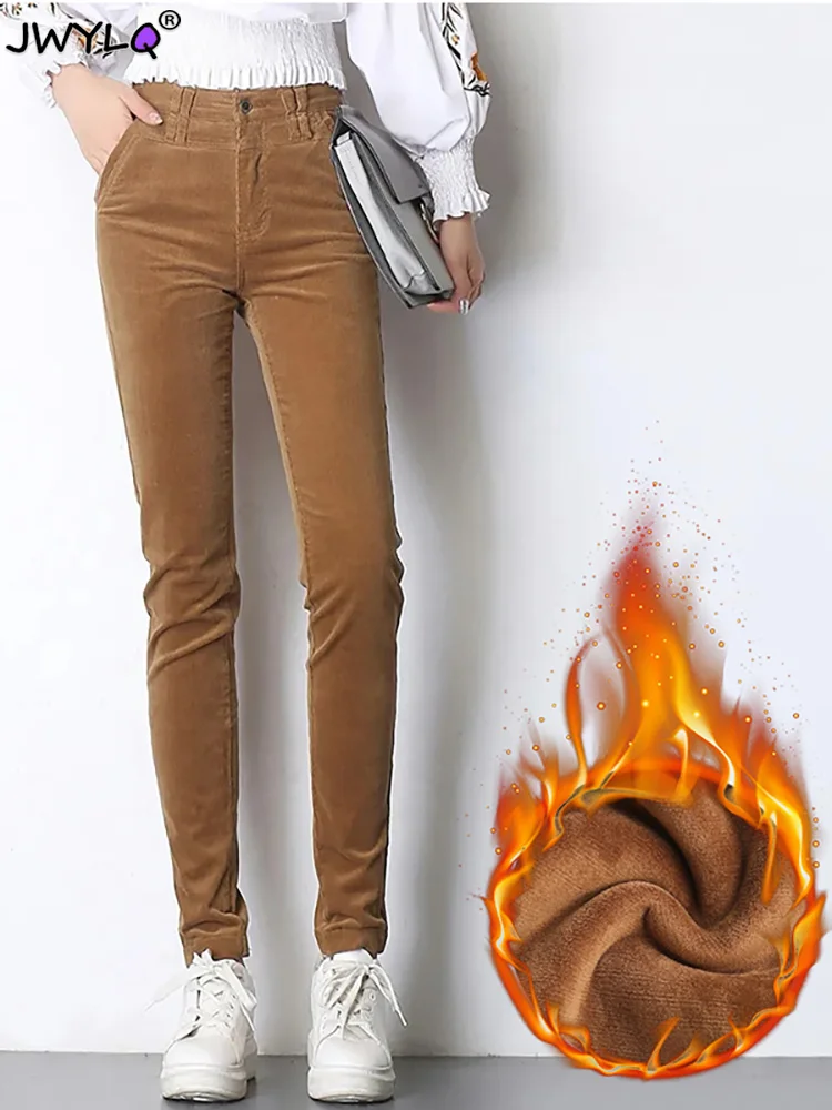 

High Waist Plus Velvet Corduroy Pants Womens Autumn Winter Thick Warm Trousers Solid Color Mom Straight Oversized 40 Pantalones