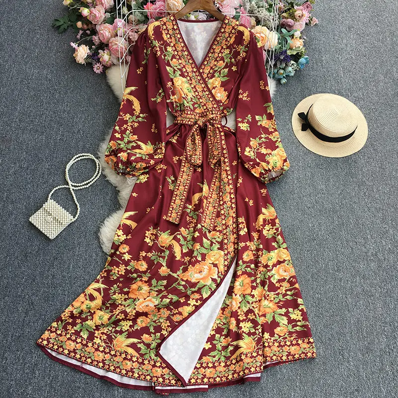 

V-Neck Slit Women Dress 2023 Spring And Autumn Fashion Korean High Waist Lace Up Vintage Printed Long Maxi Dress Lady Robe T1467
