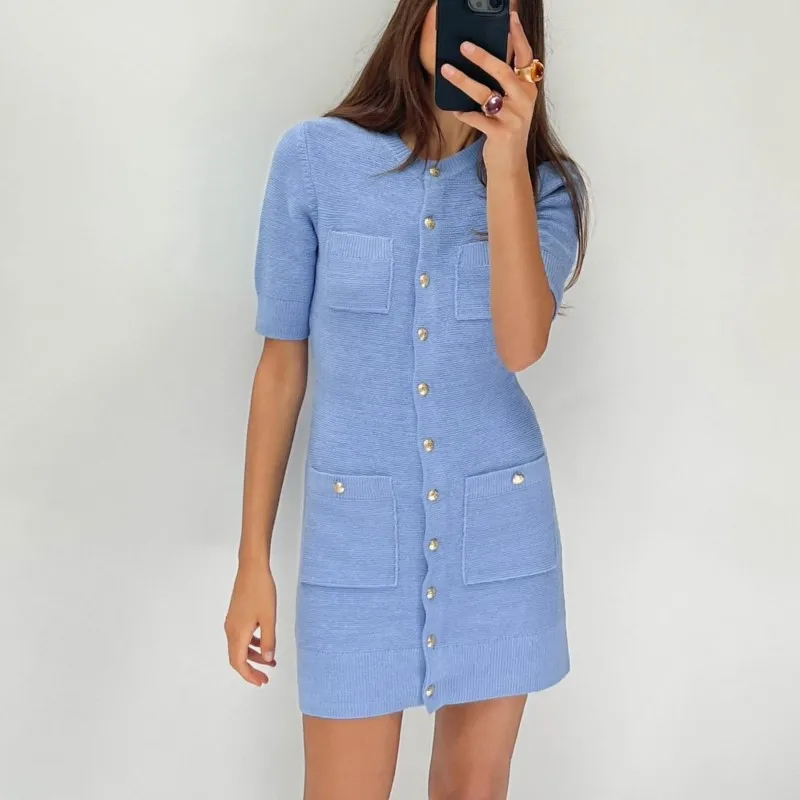 

Mental Single Breasted Elegant Pink Knit Short Dresss For Women O-neck Pocket Slim Straight Casual Streetwear Female Clothing