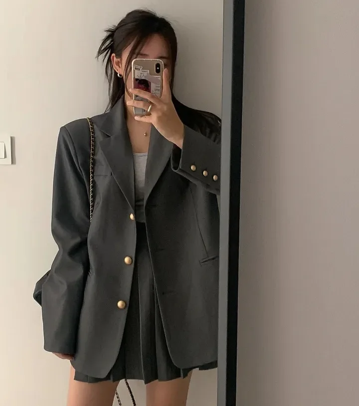 Korean Chic Two-piece Skirt Set Women Single Breasted Blazer Loose Jacket Solid Pleated Mini Skirt Autumn Office Lady Outfits