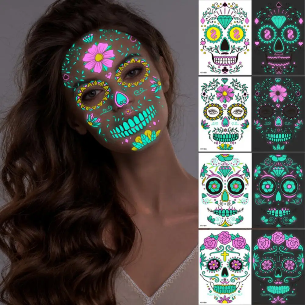 

Halloween Temporary Tattoos Face Sticker Kit Luminous Skeleton Sugar Skull Fake Tattoo for Halloween Makeup on Face Body