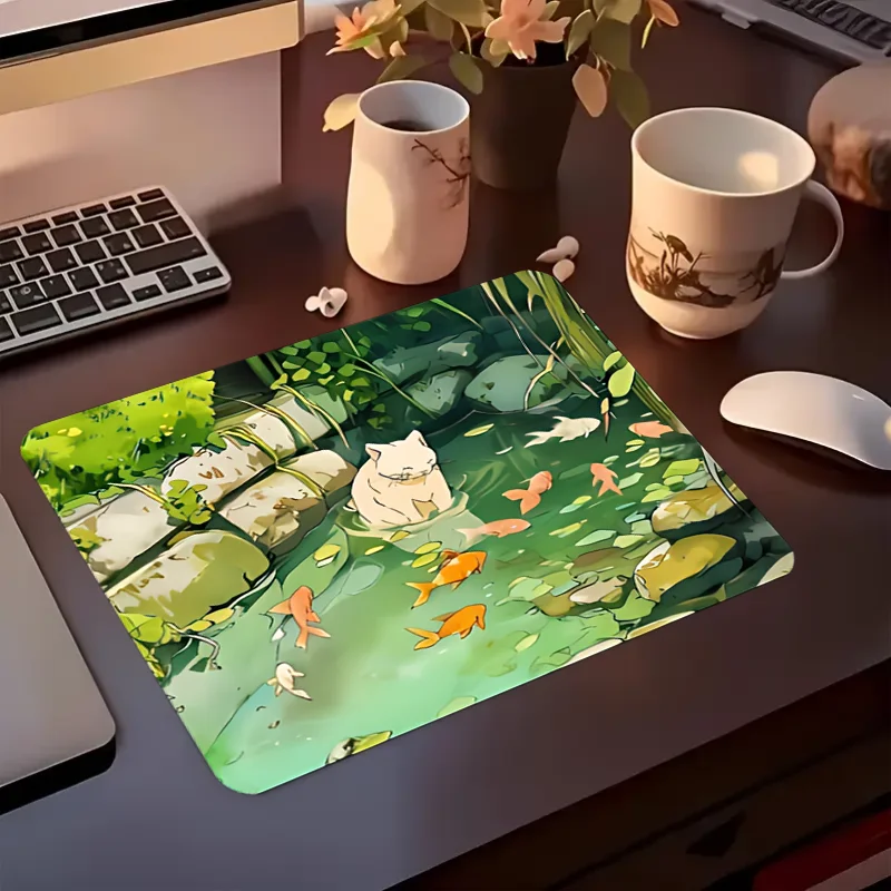 Large mouse pad with Naughty cat and koi pond design, 2mm non-slip rubber base, natural rubber material, rectangular gaming mous 4