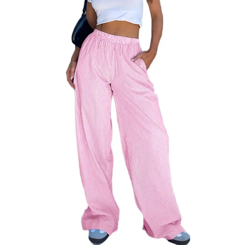 

Elastic Waist Trousers Vertical Striped Print Wide Leg Trousers Stylish Women's Pants with Elastic High Waist Pockets Women Wide