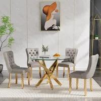Circle Glass Dining Table Set for 4, Small Kitchen Table Set for 4, 35" Round Glass Dinner Table and Grey Velvet Chairs Set of 4 2