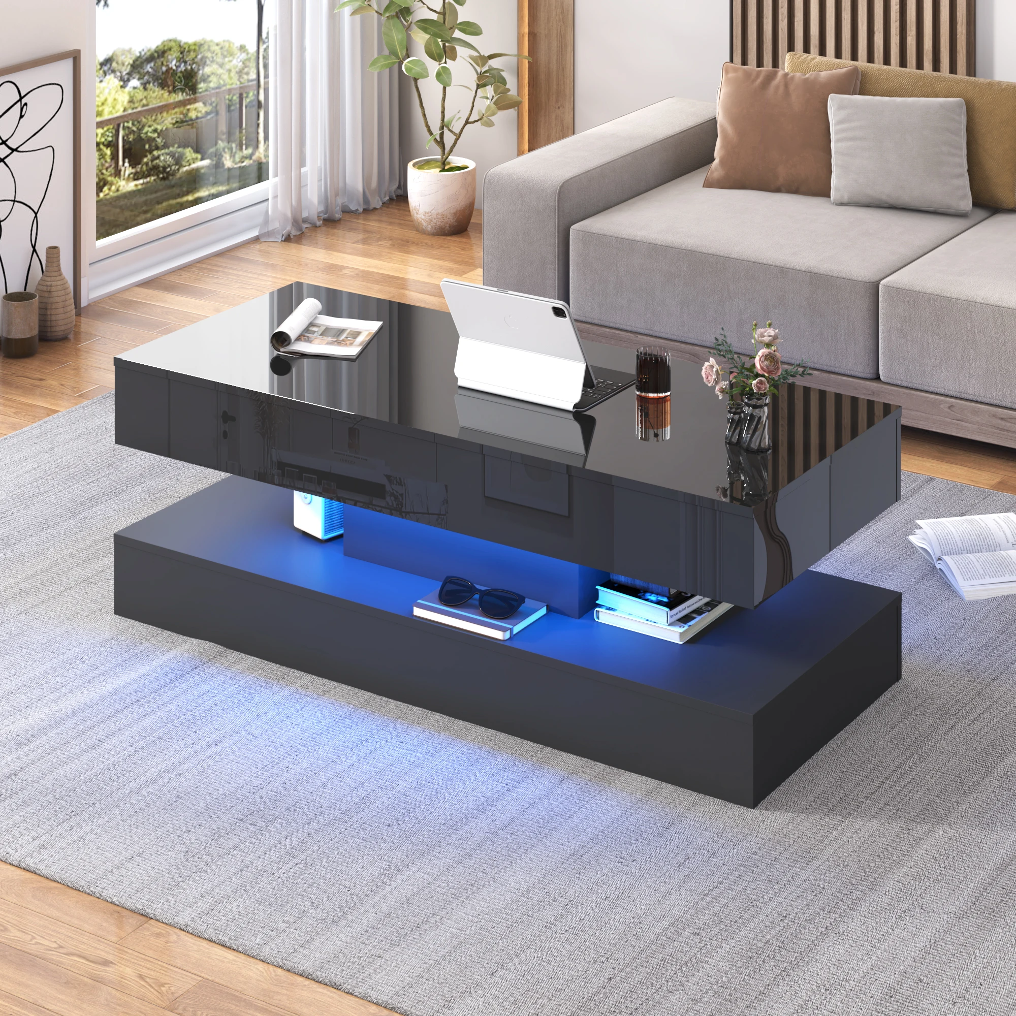 High Glossy LED Coffee Tables for Living Room, Center Table with Open Display Shelf & Large Storage Space, White Coffee Table 2