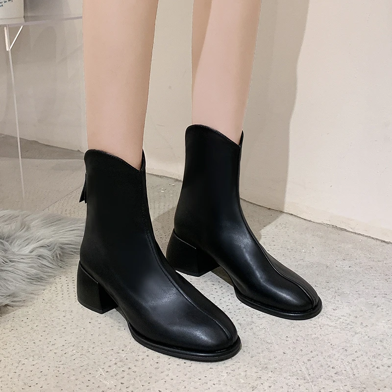 LazySeal Concise Stretch Boots Zipper Square Heel Ankle Boots For Women Ladies Shoes Plus Size 43 Elastic Leather Modern Boot