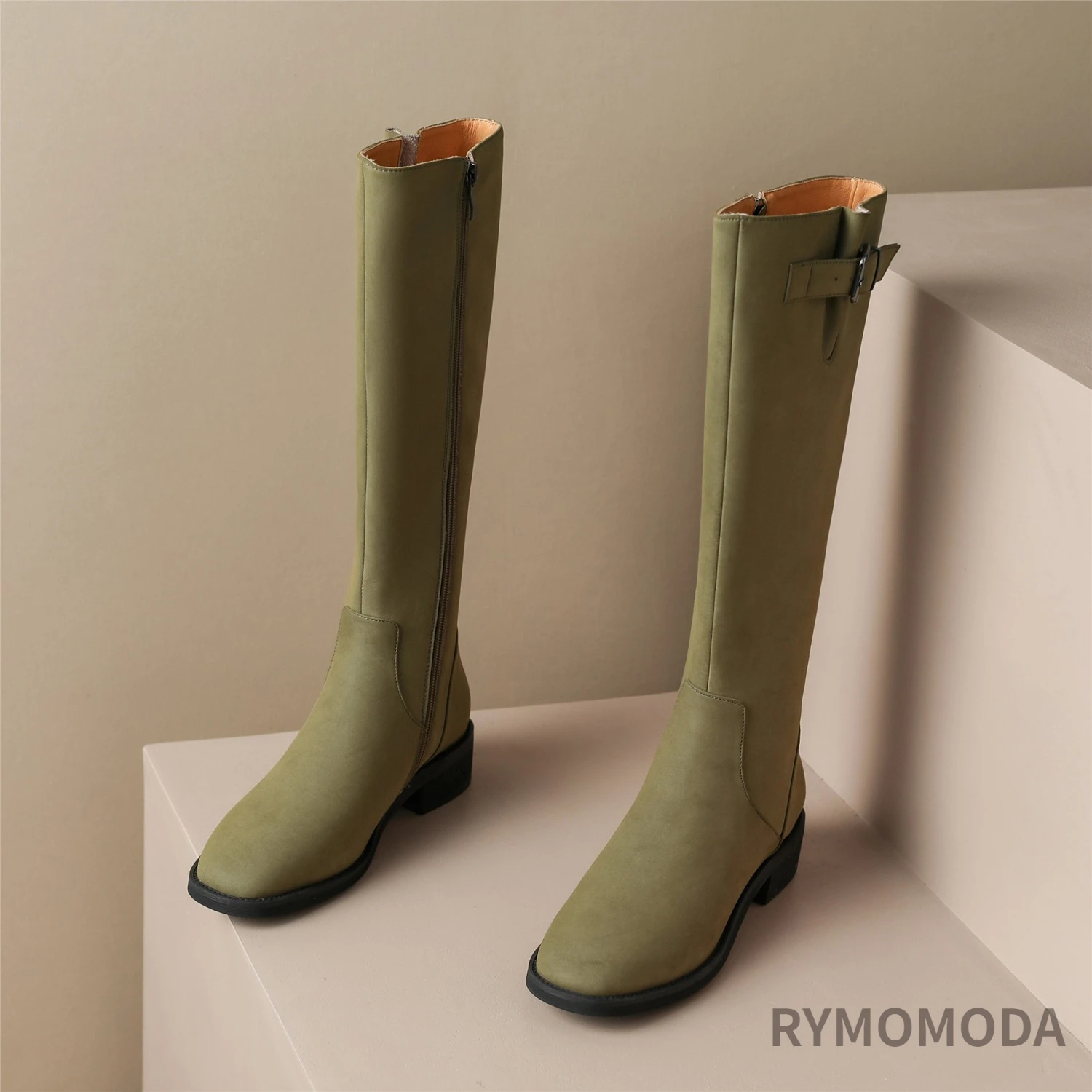 Women Knee High Boots 2026 Luxury Split Cow Genuine Leather Brown Black ZIP Low Block Heel High Quality Long Boot Handmade Shoe