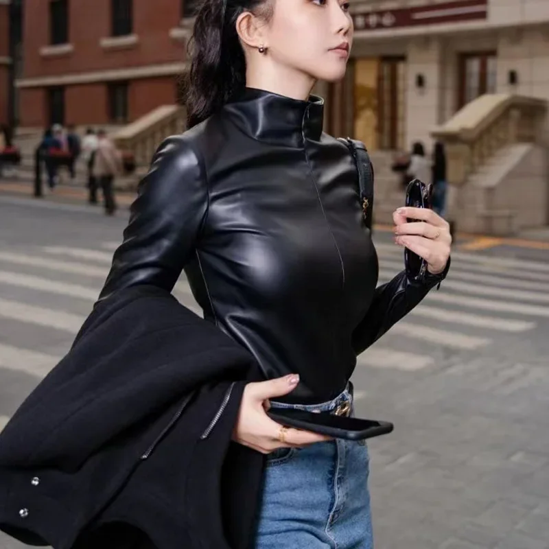 Elegant Matte Leather Top Women Casual High Neck Top PU Long Sleeve Shirt Lady Stretch Slim Pullover Party Moto Costume Custom