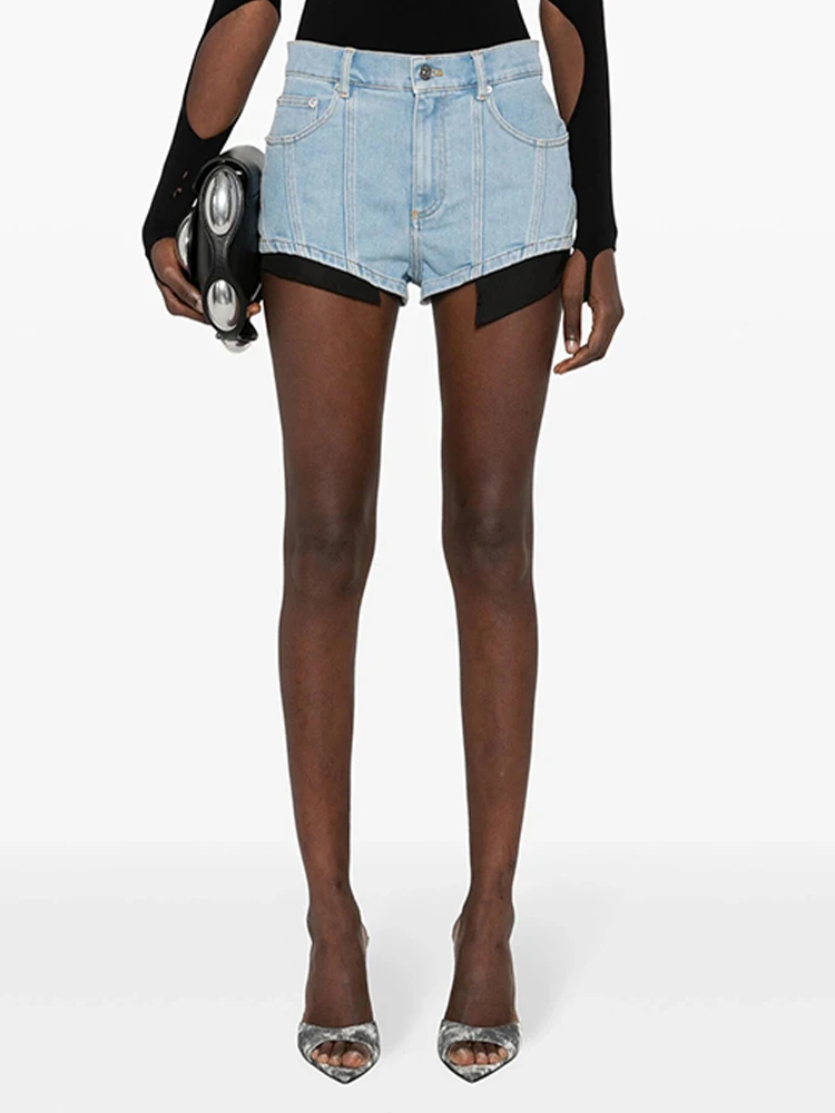 TWOTWINSTYLE Streetwear Colorblock Spliced Pocket Short For Women High Waist Patchwork Button Chic Denim Shorts Female KPA504636