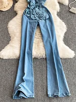 Spicy Girl Street Sle Handmade Denim Tube Top Jumpsuit Flared Long Pants High Waist Commute Sle Regular Thin - Image 3
