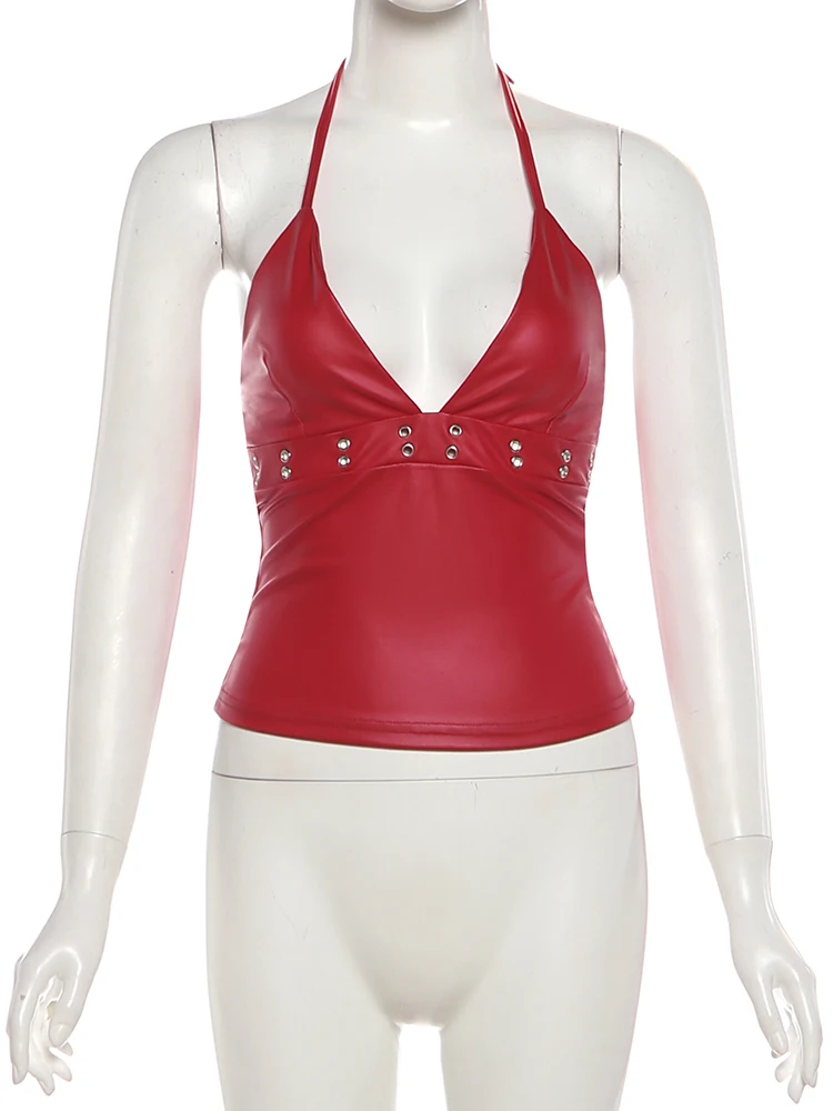 Nibber Sexy Metal Decoration Camisole Women v-Neck Faux Leather Midnight Hottie Music Festival Wild Fashion Classic Streetwear