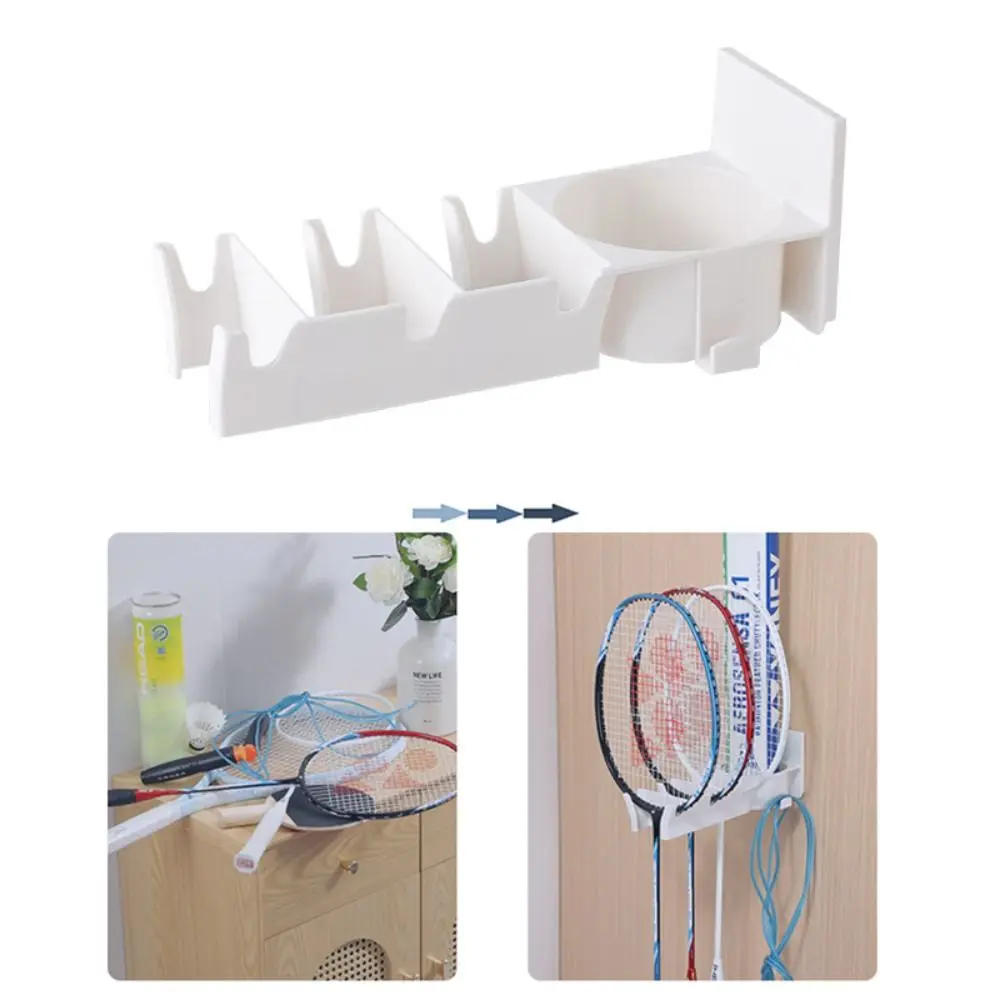 Wall Mounted Badminton Racket Holder Punch Free 3-Slots Tennis Racket Hanger with Ball Storage Storage Rack