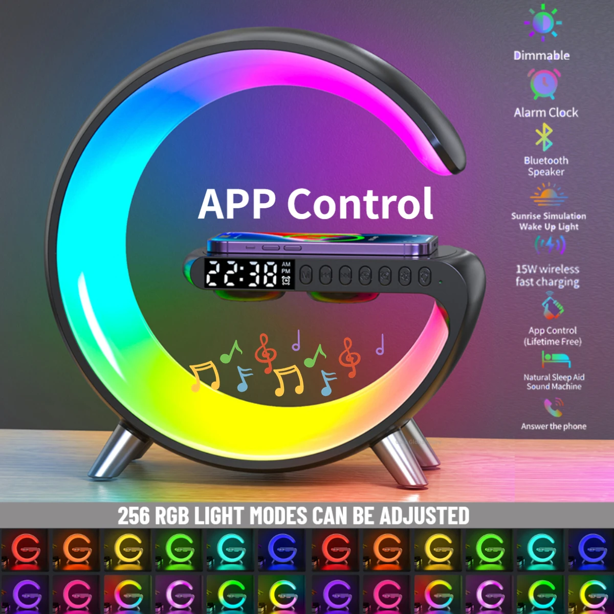 Wireless Charger Alarm Clock Speaker App Control Rgb Night Light