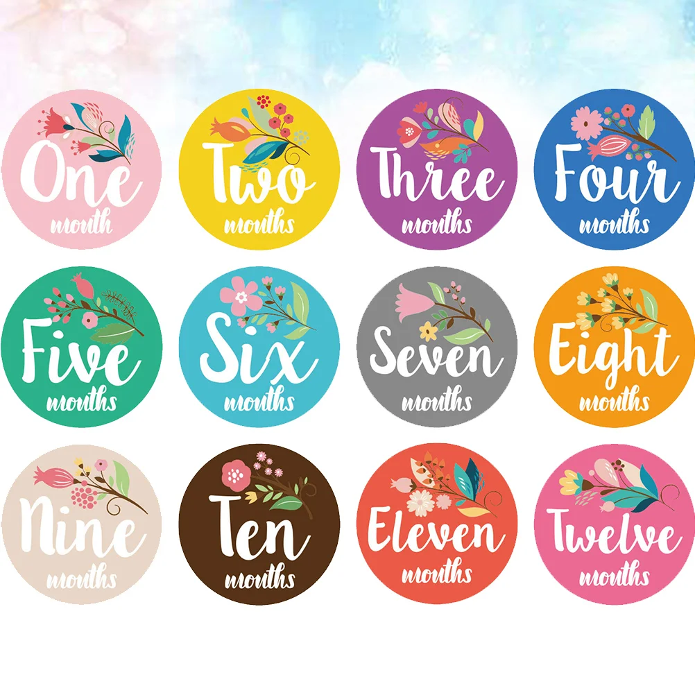 

Sewroro Gift Tag Circle Stickers 12Pcs Milestone Stickers Floral Monthly Milestone Decal 12 Monthly Photo Picture