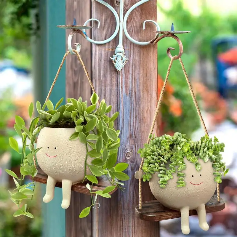 Lovely Swing Face Planter Pot Unique Wall Hanging Head Creative Resin Pot Cute Succulent Plant With Twine Home Decor For Indoor