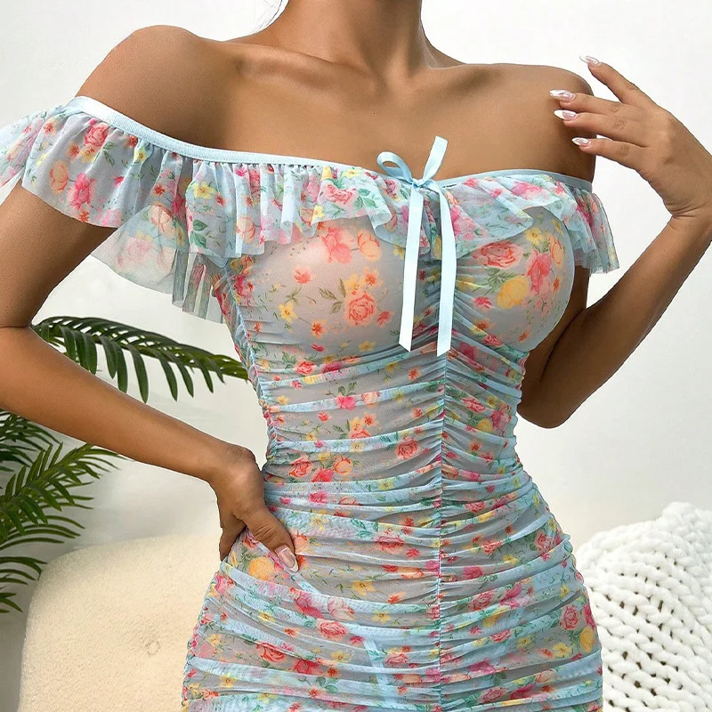 Pregnant women's clothing set See-Through Sexy Floral Lingerie Mesh Printed Ruffled Temptation Pajamas Nightgowns Homewear Sets cotton pajama set breastfeeding nightgown maternity nightgown set princess nightdress summer home clothes set silk night robe