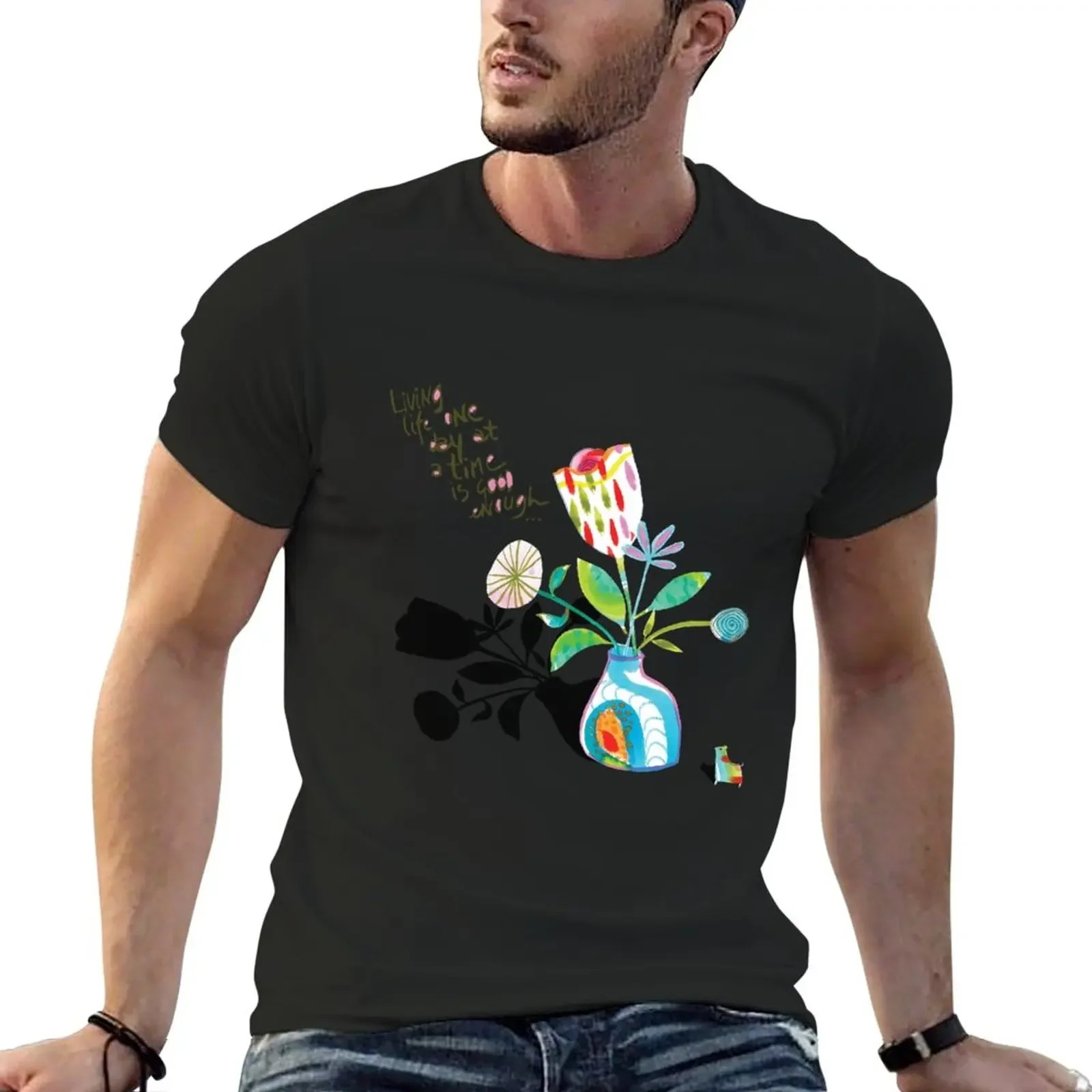 

collage with flowers and quote on living T-Shirt korean fashion blacks designer t shirt men