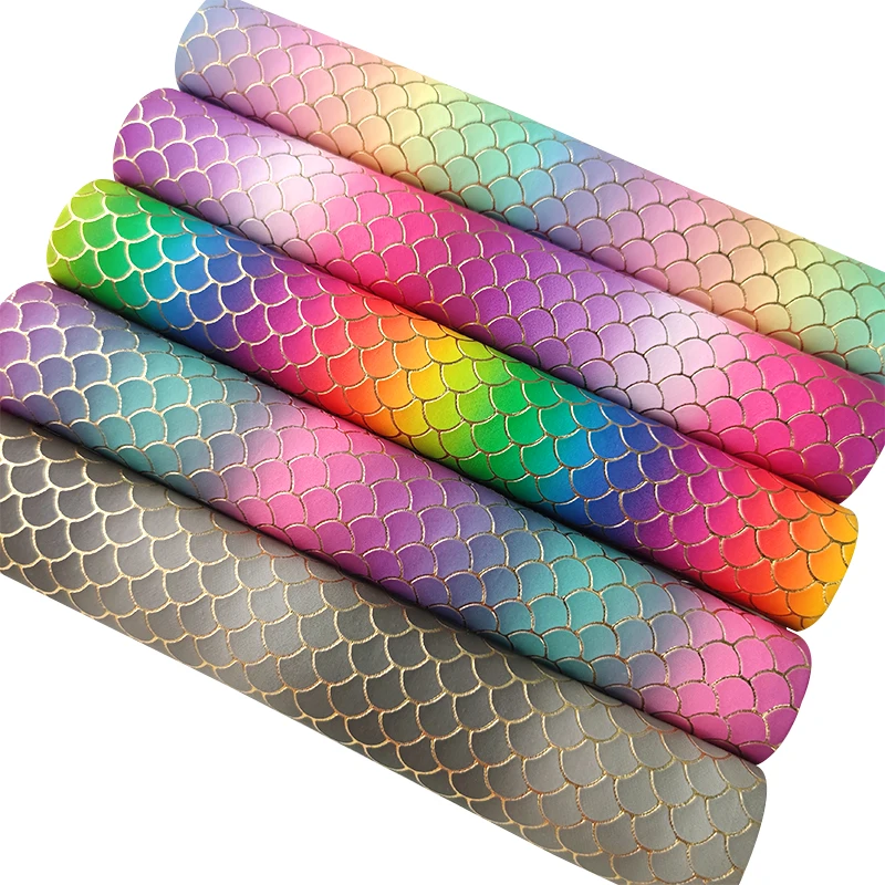 

Colorful Rainbow Stripe Mermaid Printed Vinyl Metallic Faux Artificial Leather Fabric for DIY Making Bag/Hair Bow/Deco 46*135CM