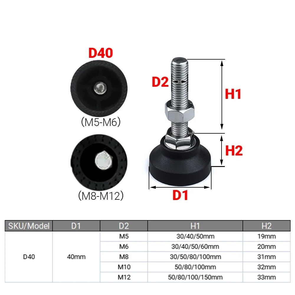 Lathe Levelling Feet 8Pcs Adjustable Lathe Leg Dia 40mm Thread Type SS304 Stainless Steel Foot Pad Swivel Base Articulating Legs M5 M6