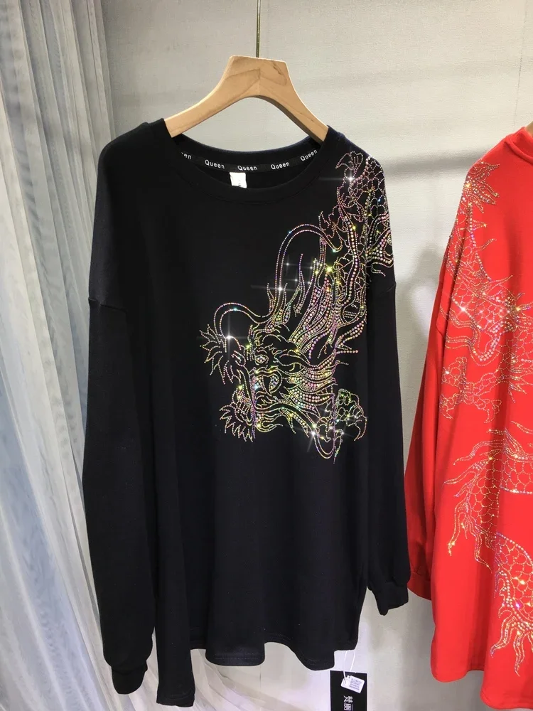 

Thicken Sanding Women Tshirts New Autumn Winter Long Sleeve Oversize Top Dragon Pattern Hot Drilling Mid-long Cotton Basic Tees