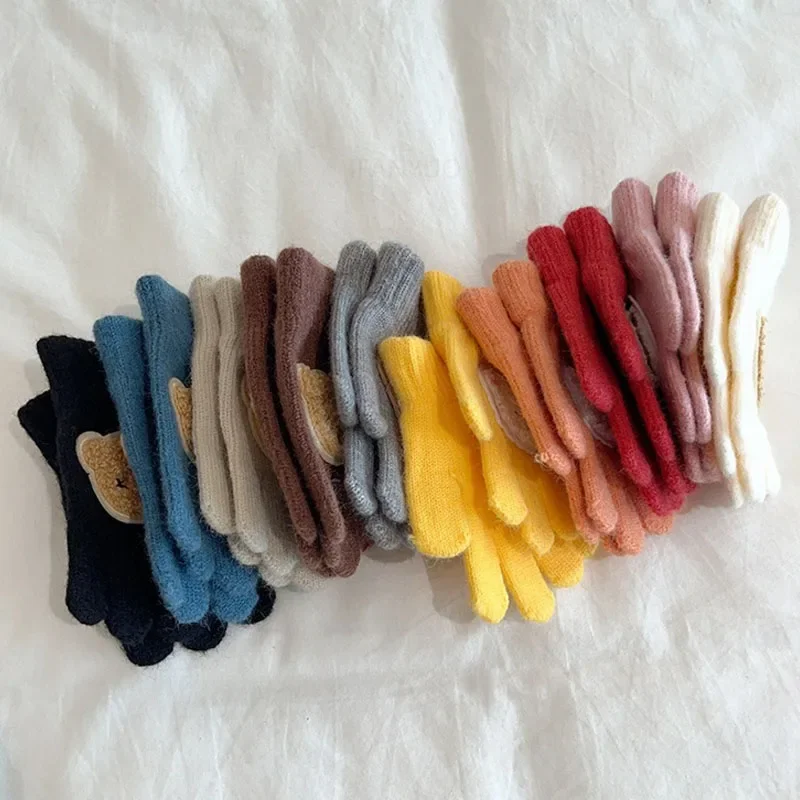 New Children Warm Gloves Autumn Winter Cartoon Bear Baby Five Finger Mittens Students Toddler Writing Cycling Mitten 1-4Y