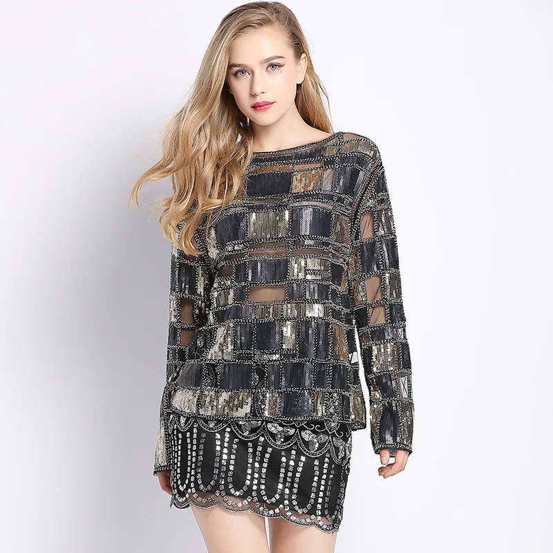 

Роскошная пикантная кружевная рубашка с блестками, тяжелая промышленная квадратная сетчатая рубашка с бисером, Клубные ажурные марлевые блузки с длинным рукавом, топы для танцев и вечеринок