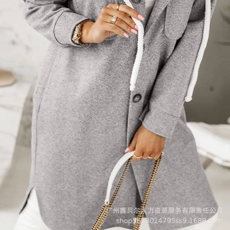 Wepbel Y2K Hooded Mid-Length Coat Jackets Women Long Sleeve Single Breasted Pockets Trench Outwear Fashion Longline Hooded Coat