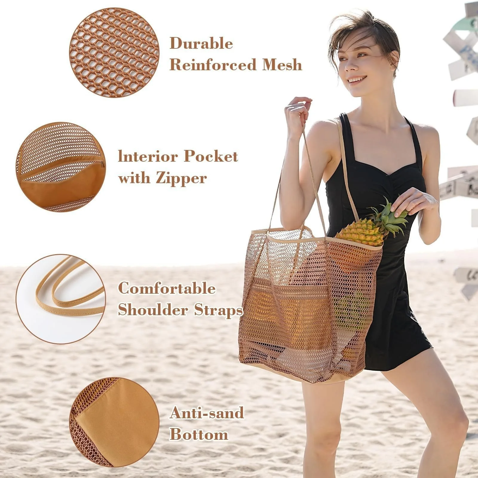 Large Mesh Beach Bag Foldable Travel Tote with Zipper Lightweight Shoulder Beach Bag for Swimming Vacation Summer Outdoor