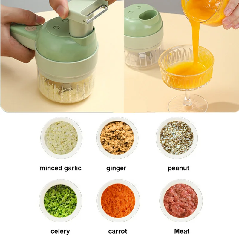 4 in1 Handheld Electric Vegetable Cutter Slicer Garlic Mud Masher USB  Wireless Chopper Cutting Pressing Mixer Food Slice for Garlic Pepper Chili  Onion