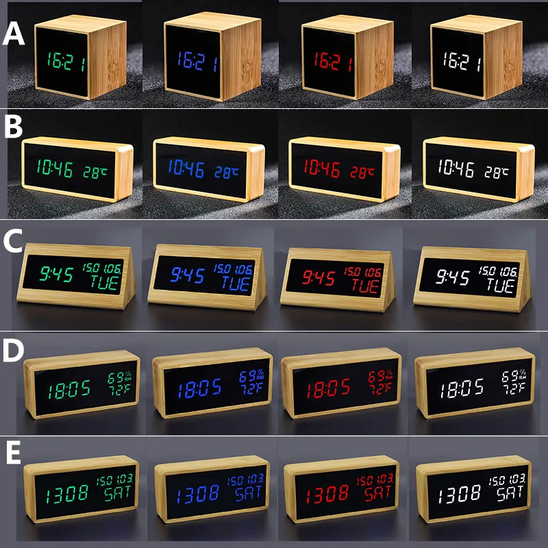 100% Bamboo LED Alarm Clocks Temperature Humidity Multifunction Digital Wooden Snooze Clock Voice Control Living Room Decoration 6
