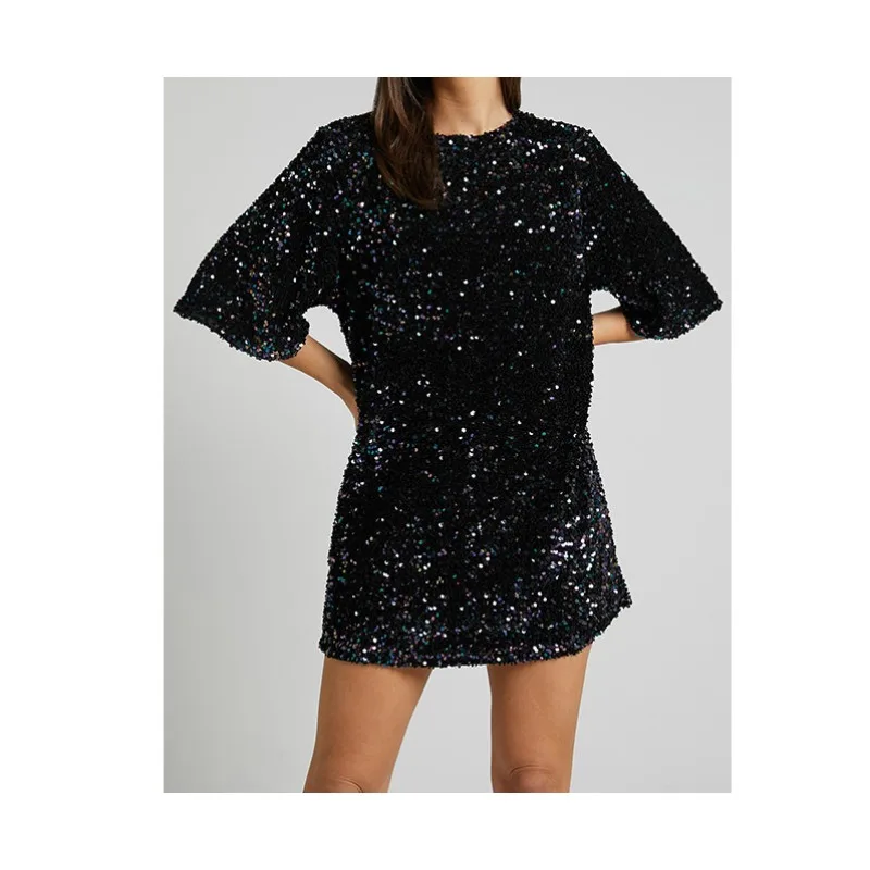 

Осенне-зимнее Новое модное темпераментное элегантное платье с блестками и открытой спиной с коротким рукавом
