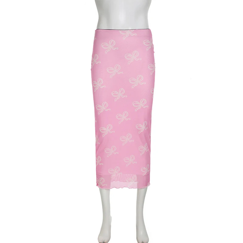 Falda Y2K Fairycore para mujer, con estampado de lazo y ribete de encaje, de cintura baja, de malla, ajustada, estilo grunge de los años 2000, para fiestas y ropa de calle.