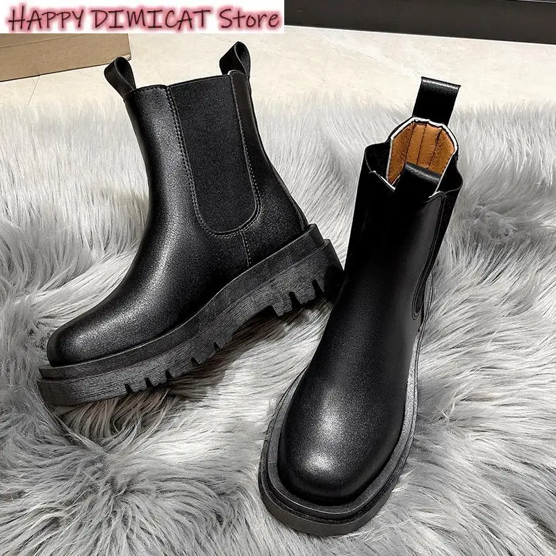 Women Winter Shoes PU Leather Chelsea Boots Chunky Boots Plush Ankle Boots Black Female Autumn Fashion Platform Booties