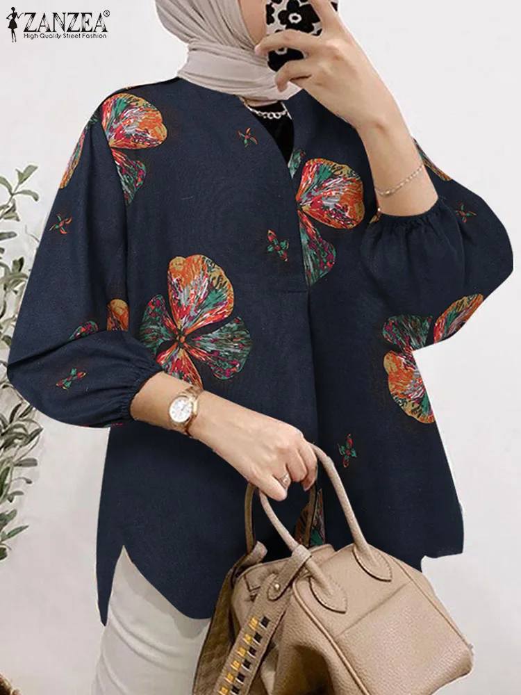 

ZANZEA Fashion Floral Printed Muslim Blouse Woman Casual Eid Mubarek Shirt V Neck 3/4 Sleeve Tunic Tops Holiday Party Chemise