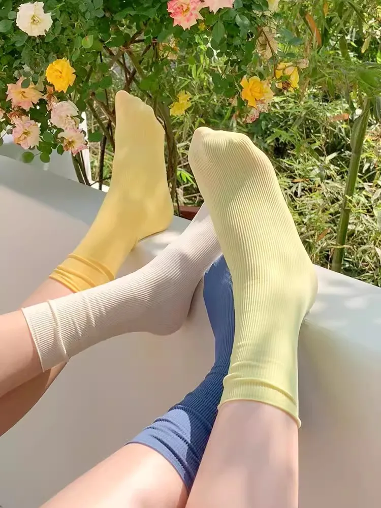 Women Socks Knitting Rib Ice Thin Spring Summer High Tube Streetwear College Style