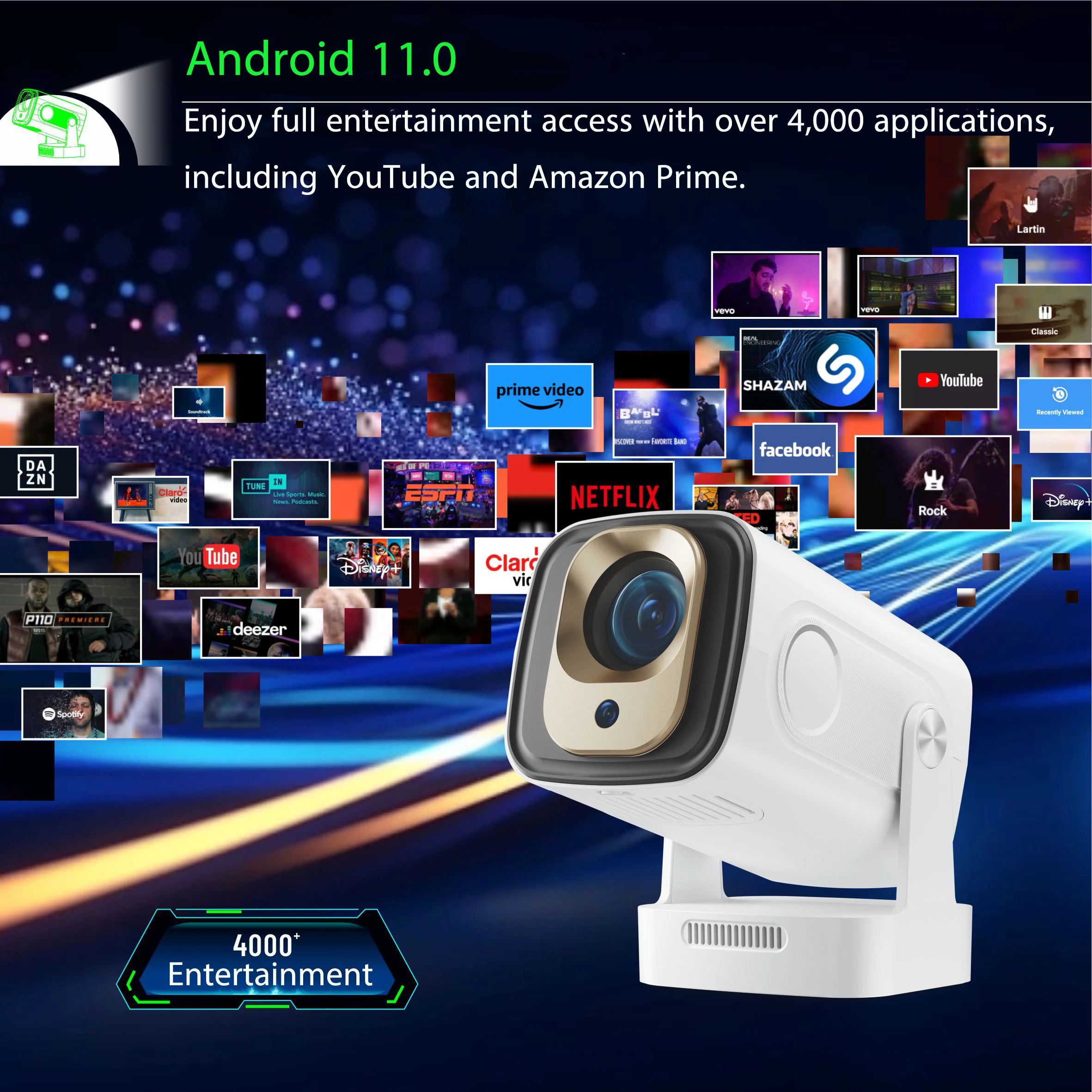 에브리컴 HY260 프로 미니 프로젝터 네이티브 1080P 4K 디코딩 지원 자동 초점 안드로이드 11.0 스마트 LCD 빔프로젝터 홈시어터용