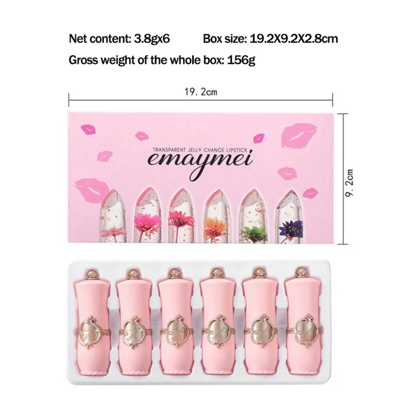 6Pcs/Box Crystal Clear Flower Jelly Lip Balm Kits Set Temperature Color Changing Lipstick Moisturizer Vitamin E Beauty Health 4