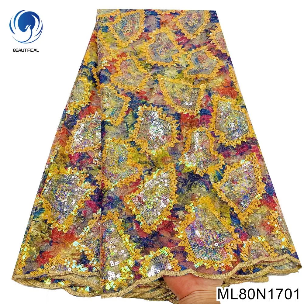 

Double Mesh Lace Bottom Sequined Print African Sequins Joint Fabric 5 Yards Nigerian Wedding French Net Lace Material ML80N17
