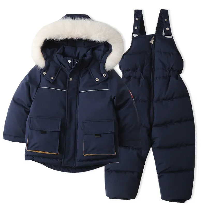 Winter Kids Ski Clothes Set Nylon Fur Lining Hooded Coat