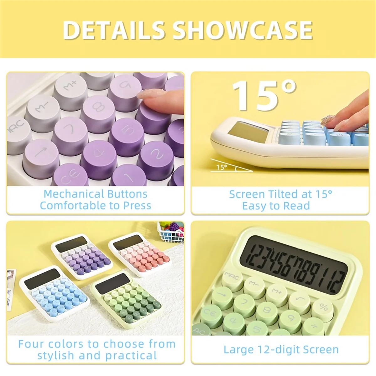 탁상용 기계식 계산기, 귀여운 대형 버튼 계산기, 12 자리 대형 LCD 디스플레이, 책상 액세서리, 보라색
